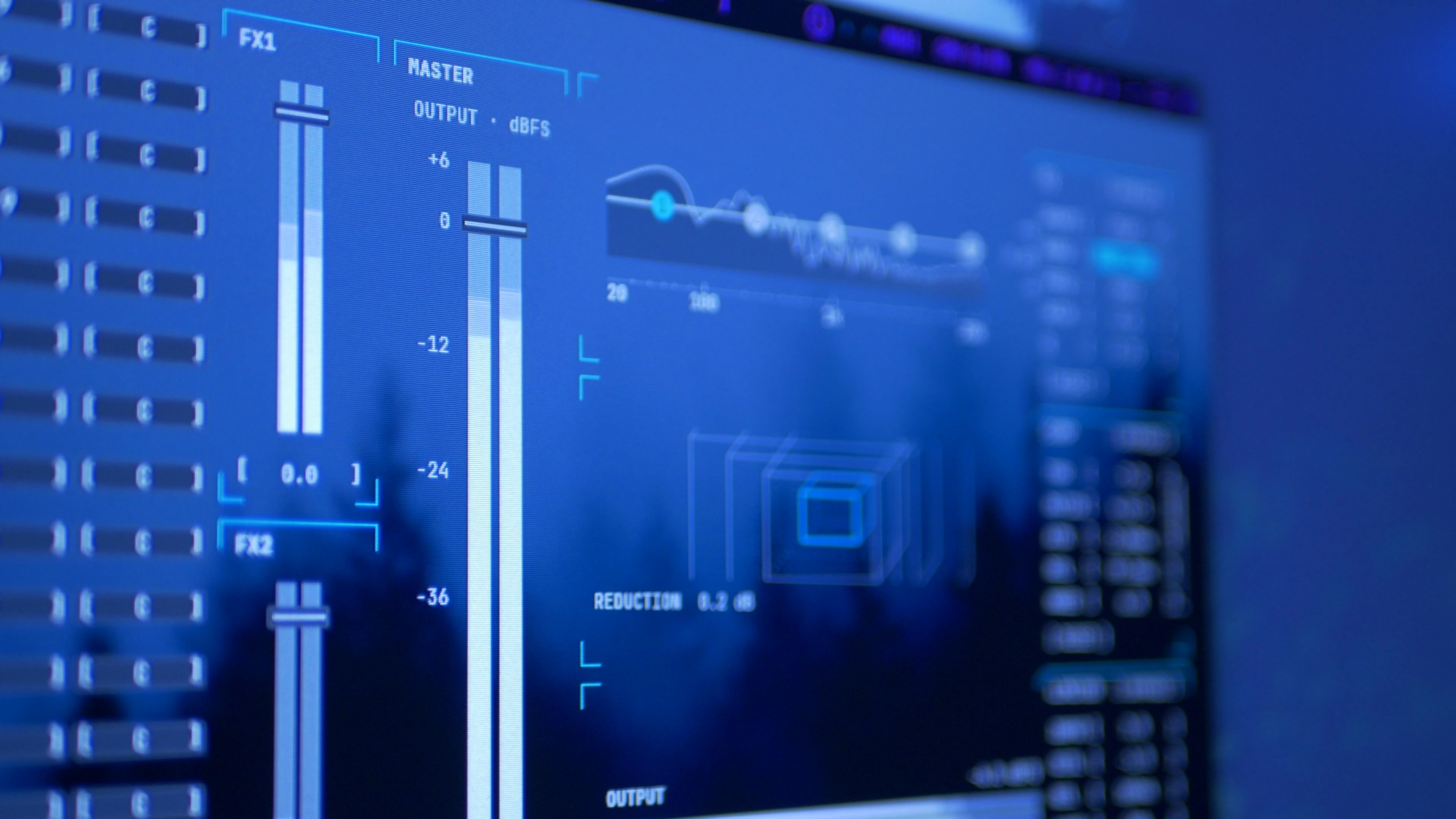 Close-up of SubKorr's master and FX meters, with the EQ behind them.
